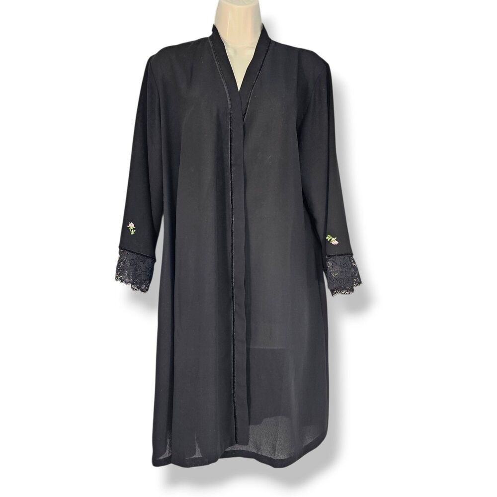 Vtg Oscar de la Renta Pink Label Black Chiffon Floral Embroidery Robe No Belt